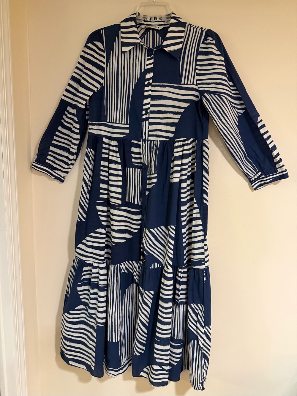 Zara Button-Front Navy and White Striped Tiered Shirt Dress